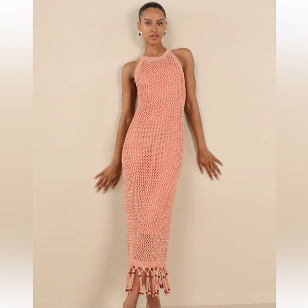 New! Lulu’s Marama Shiny Coral Crochet Sleeveless Fringe Midi Dress